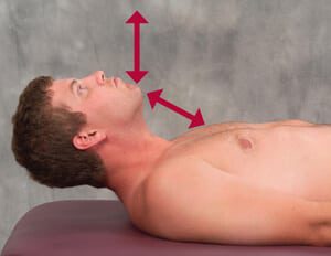 Figure 4: Head raise test. The supine client raises his head from the table while the therapist closely observes the direction of chin movement. The optimal firing order pattern during the head flexion test is longs captious, longus colli, anterior scalene and SCMs.