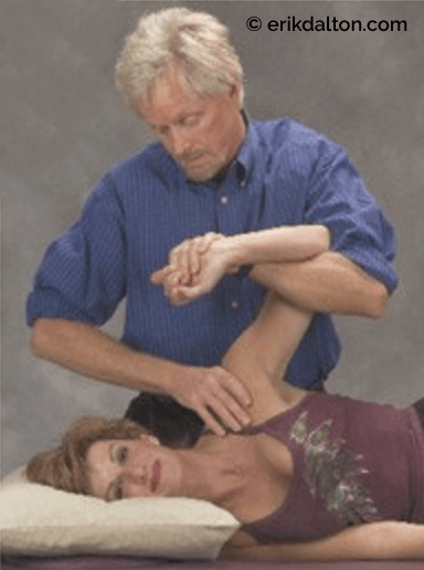 Fig. 7: To coactivate frozen shoulder articular receptors and rotator cuff cutaneous receptors, the therapist puts the client in an armlock and brings humerous to the abduction/external rotation barrier. The client inhales and gently pushes the arm toward the hip to a count of five as therapist’s “webbed” hand resists. Upon exhalation, the therapist increases abduction/external rotation to new pain-free barrier.