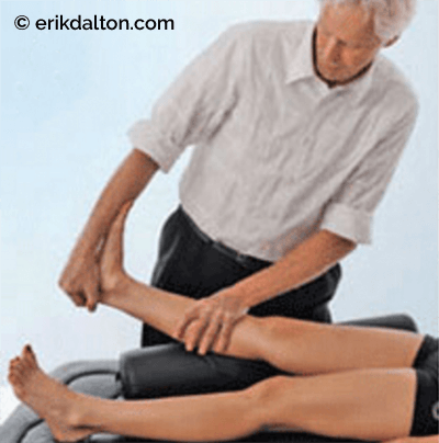 Image 3: The therapist dorsiflexes the client’s foot to stretch the posterior compartment and uses a “figure 8” maneuver to mobilize the ankle.