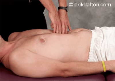 Figure 8: Diaphragm, obliques, and transabdominal column release. The therapist’s extended fingers hook the respiratory diaphragm, obliques, and transabdominal fascia by slowing sinking on exhalation and resisting on inhalation.