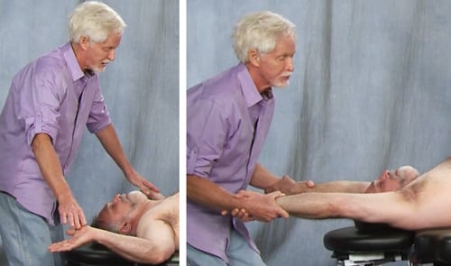 Image 4. In the left image, the therapist's forearms pin the pec fascia as the client internally and exteriorly rotates his arms. On the right, the therapist applies a full-body front-line stretch as the client performs slow pelvic tilts.