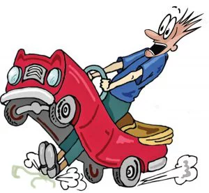 Cartoon of a person driving a car and putting on the brakes in a nervous state.